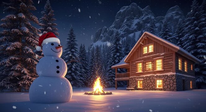 Snowman near glowing bonfire beside decorated wooden cabin in peaceful snowy winter evening
Seamless looping, virtual video animation background. Generated AI	