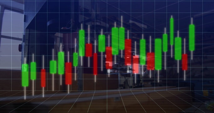 Floating 3D candlestick chart with grid and red green bars hovering on factory floor with tanks - Powered by Adobe