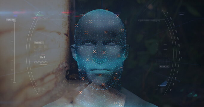 Displaying blue digital humanoid head bust scanning in virtual environment, with HUD biometric mesh - Powered by Adobe