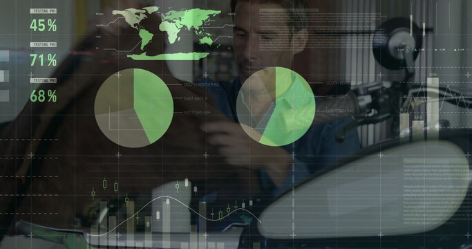 Mechanic wearing blue shirt inspecting and adjusting silver fuel tank in garage, with data overlays