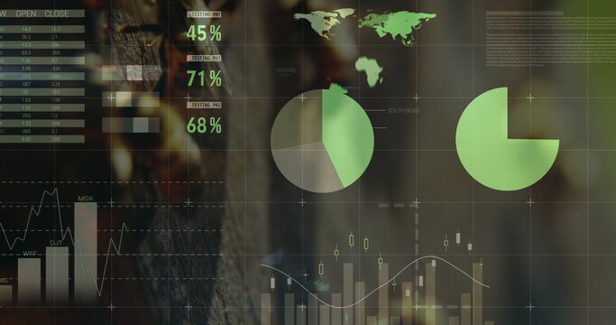Naklejki Displaying data dashboard overlay on digital interface, with pie and donut charts plus data table
