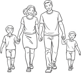 Happy Family Walking Together Vector Illustration for Lifestyle and Community Projects
