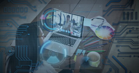 Working female colleague conducting call at home office, with laptop color wheel pencils coffee mug