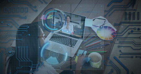 Woman in t shirt participating in live telemedicine at desk, with laptop and smartphone, copy space