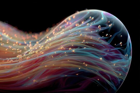 Abstract Iridescent Bubble with Glowing Particles and Fluid Motion