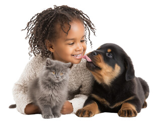 Kid cuddling fluffy puppy and kitten transparent background