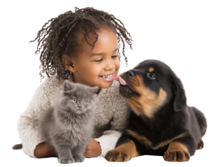 Kid cuddling fluffy puppy and kitten transparent background