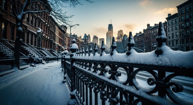 Snowy New York street at dawn