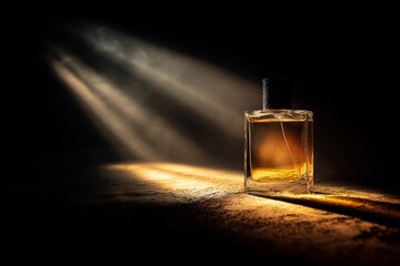 A glass perfume bottle with a golden liquid sits on a dark surface. Soft light beams illuminate the scene, creating a dramatic atmosphere with ample copy space.