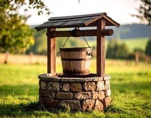 Fototapeta premium Rustic well in a grassy field
