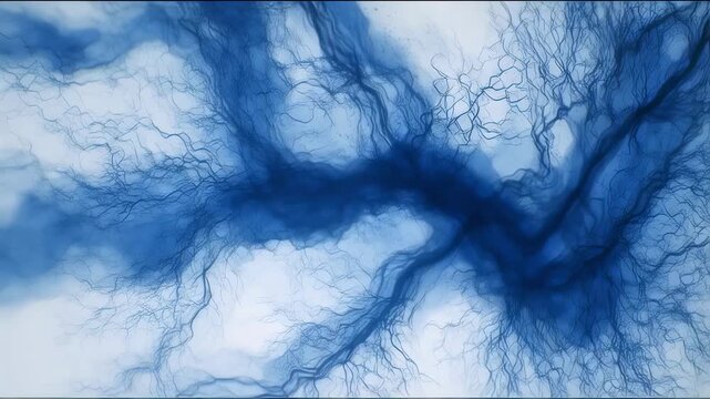Darkened vascular branches fading into deep blue conveying rapid sympathetic blockade and systemic vasodilation characteristic of neurogenic shock.