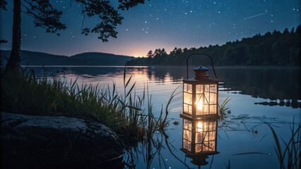 Glowing lantern casts serene light on tranquil lake under starry night sky for peaceful escape