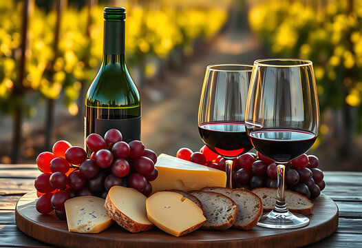 Bottle of red wine with grapes, cheese, and bread in a vineyard