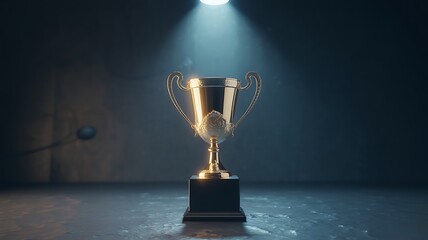 Gleaming golden trophy on dark pedestal illuminated by spotlight award winner