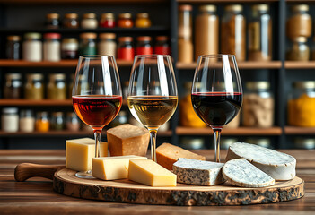 Naklejka premium Wine and cheese tasting on a wooden board with a blurred background
