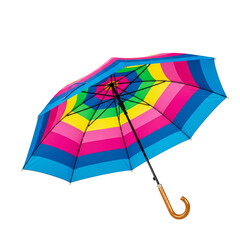 Colorful Open Umbrella with Rainbow Stripes and a Wooden Handle