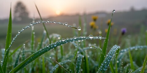 Dew drops on green grass blades at sunrise morning