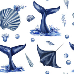 Watercolor seamless pattern with whale tails stingray shells bubbles and sea plants in blue tones marine ocean background © Hanna