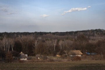 A traditional Ukrainian village in the middle of the forest. Thatched roofs, old houses and peaceful nature against the background of the spring sky
