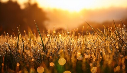 macro shot of morning dew glistening on tall grass with warm glow in backlight during serene dawn hours