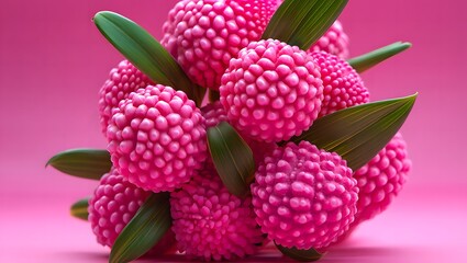 A vibrant cluster of spherical pink flowers with green leaves creates a beautiful and detailed botanical display, perfect for adding a touch of nature