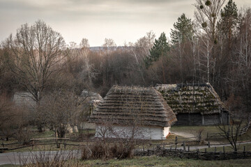 Ethnographic settlement with huts under a thatched roof. The atmosphere of an ancient Ukrainian village surrounded by a forest