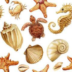 Seamless watercolor pattern with sea turtle crab seahorse starfish and ocean shells in warm beige brown tones