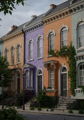 Colorful European Townhouses with Ornate Facades and Arched Windows under Overcast Sky

