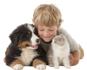Kid cuddling fluffy puppy and kitten transparent background
