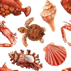 Seamless watercolor pattern with red crabs sea turtle shells tropical fish and ocean animals on white background