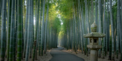 Tall green bamboo stalks line a winding path with a stone lantern bamboo forest nature