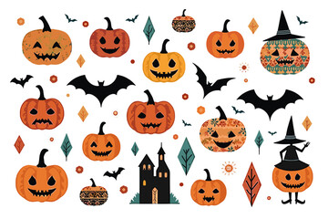 Whimsical Halloween illustration featuring smiling pumpkins, bats, witch, and haunted house against a white background, perfect for festive seasonal banners and articles.