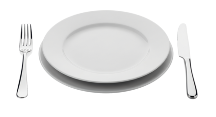 Isolated White Plates with Fork and Knife