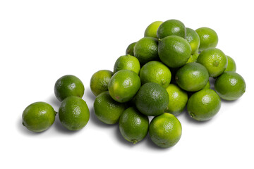 Ripe green limes on a white background. Isolated image for advertising, packaging design and food content.