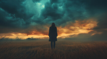 Obraz premium Woman contemplates dramatic stormy sunset over misty field evoking solitude and reflection