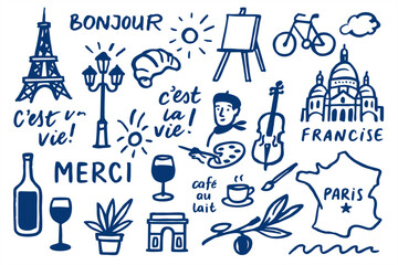 A charming illustration featuring various French cultural elements like the Eiffel Tower, wine, café au lait, and Parisian landmarks. © Michailas