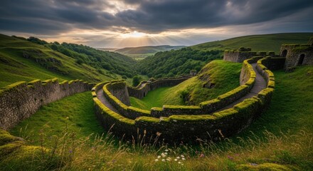 Sunlit ancient walls winding through a green valley