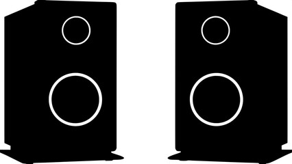 "Two black silhouette standing speakers, placed symmetrically on a light pastel gray background. Each speaker has a tall rectangular body and circular woofers, illustrated in a graphic, minimalist sty