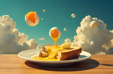 Flying egg breakfast. Surreal toast with egg. Whimsical meal.