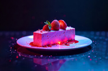 Pink mousse cake. Strawberry dessert slice. Neon-themed treat.