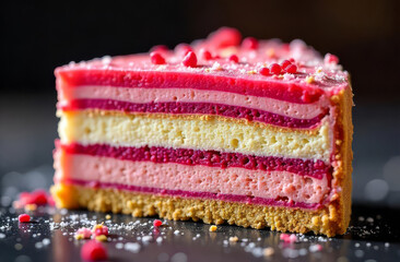Layered pink cake. Bright raspberry cream dessert. Fancy slice.