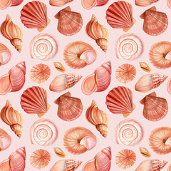 Seamless watercolor pattern with pink orange seashells spiral conch scallop shells in pastel beach tones hand painted