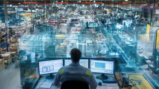 Engineer is using a digital twin and augmented reality to monitor and manage operations in a smart factory, optimizing production processes and improving efficiency - Powered by Adobe