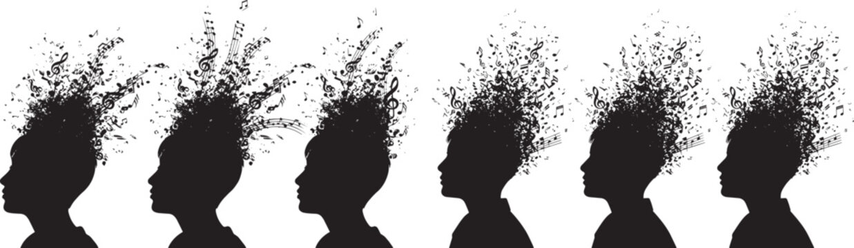 Silhouette vector multiple heads exploding into fragments isolated on white background