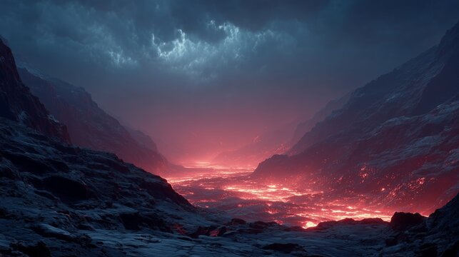 mythical volcanic world with lava fire and dark rocky mountains landscape