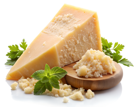 A wedge of aged parmesan cheese with grated cheese and fresh herbs, isolated on transparent background