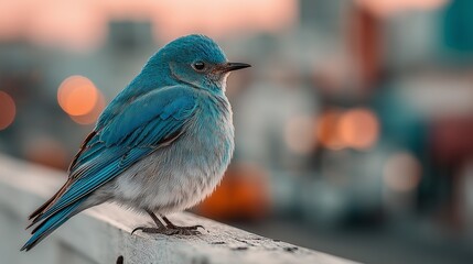 Naklejka premium small blue bird on white railing with blurred urban background