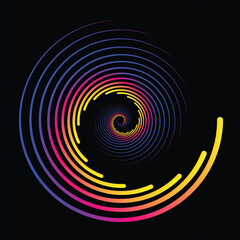 Abstract yellow, blue and pink gradient lines in circle form on black background, Spiral vortex 