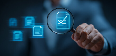 Blue neon document icons glow with magnifying glass. Represents file management and data verification for websites.