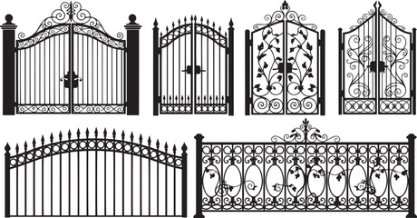 Silhouette vector set of decorative wrought iron gates and fence sections isolated on white background